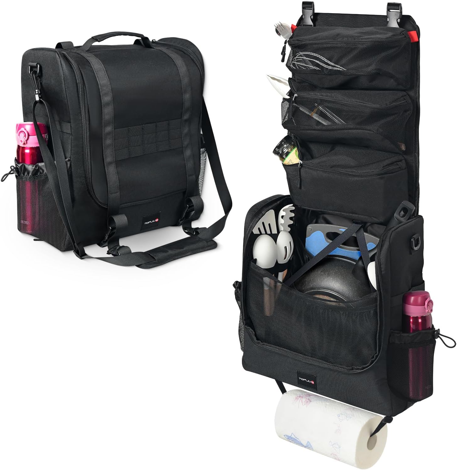 Camp Kitchen Organizer, Cooking Tools Storage Caddy Bag, Multi-Pockets, Paper Towel Holder, Portable Hanging Kitchen Caddy for Camping Utensils, Cookware & BBQ Essentials Bag Only