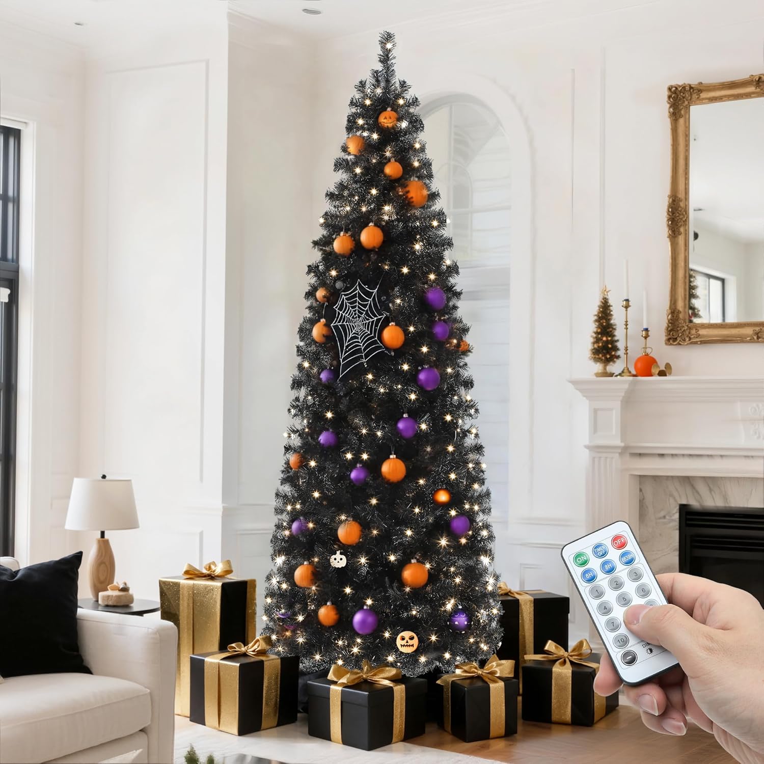 YITAHOME 7.5ft Prelit Black Slim Christmas Tree w/Remote