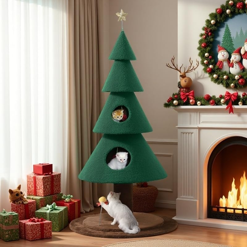 Christmas Cat Tree Tower with Cozy Houses