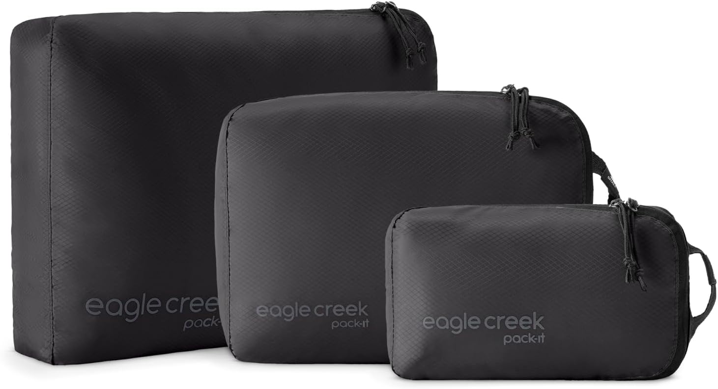 Eagle Creek Pack-It Isolate Cube Set - Packing Cubes for Stackable Storage - Convenient Top Handle - Easy Grab Zipper Pull - Black - XS/S/M - 3