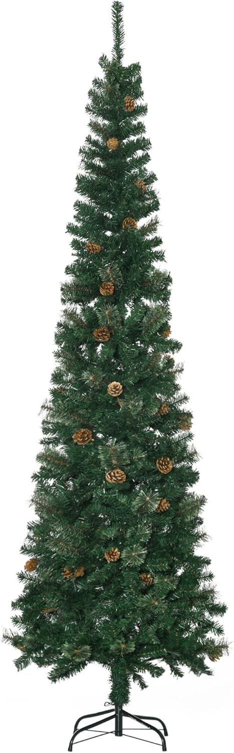 HOMCOM 7.5ft & 9.5ft Pencil Christmas Tree with Pine Cones