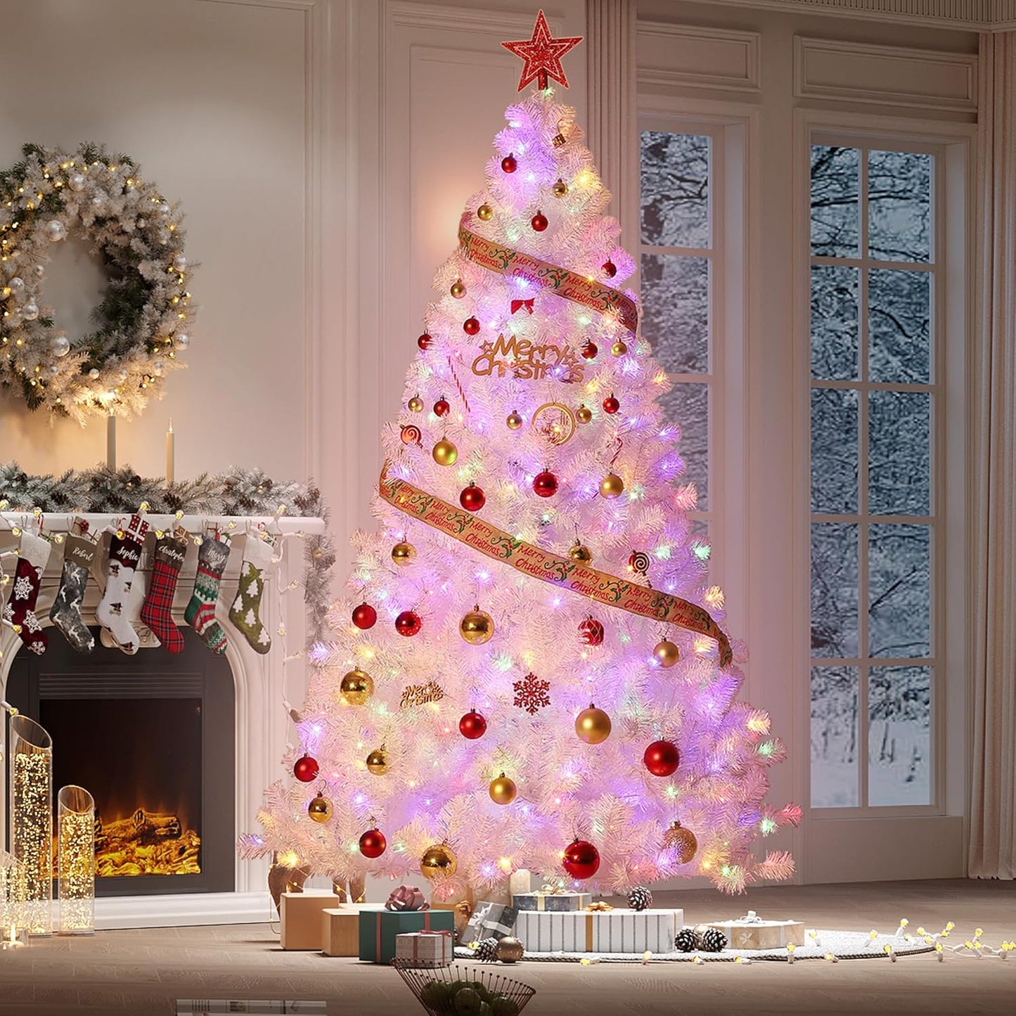 White Snow Flocked Prelit Christmas Tree - Warm White Lights