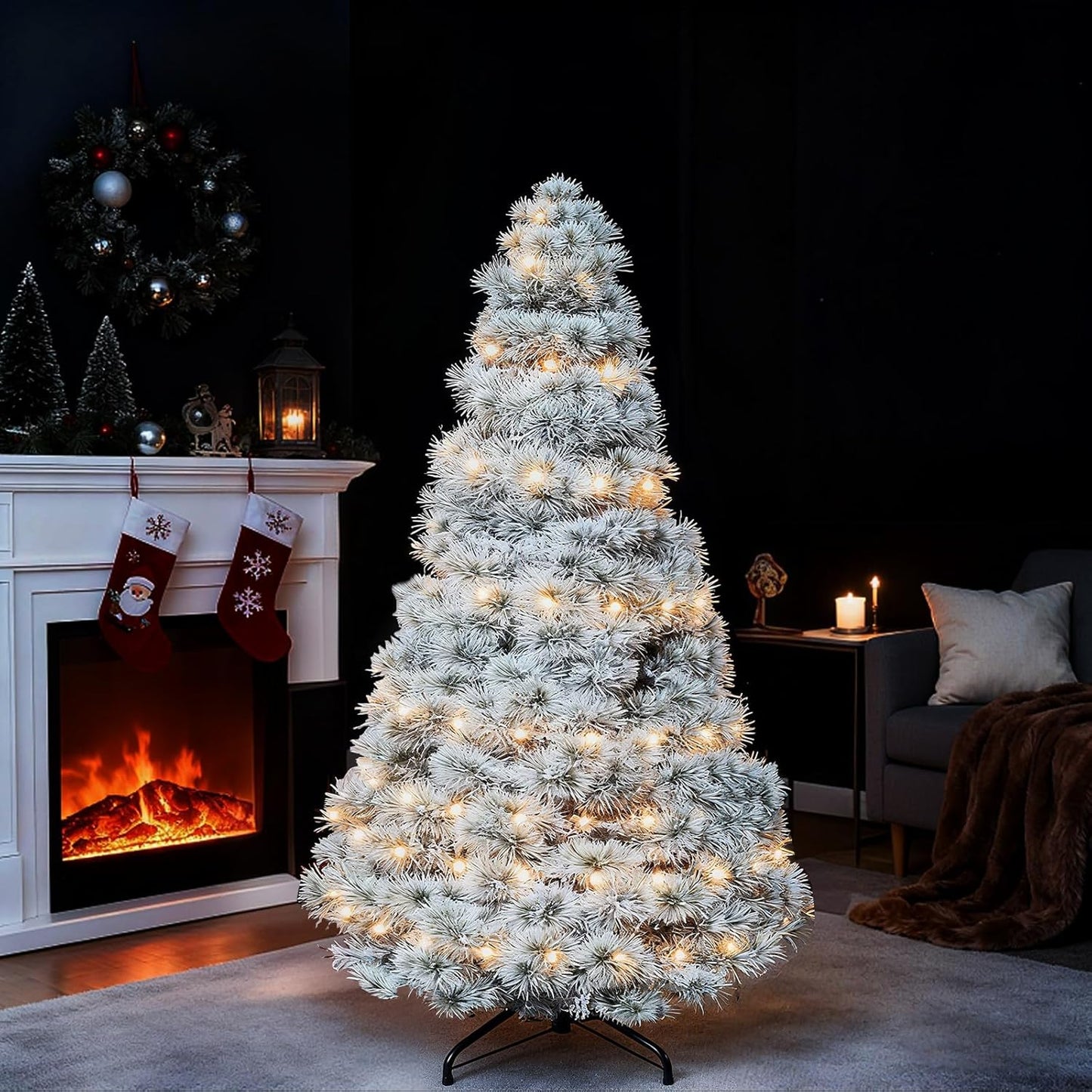 Sweetcrispy 6ft Pre-Lit Snow Flocked Christmas Tree