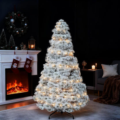 Sweetcrispy 6ft Pre-Lit Snow Flocked Christmas Tree