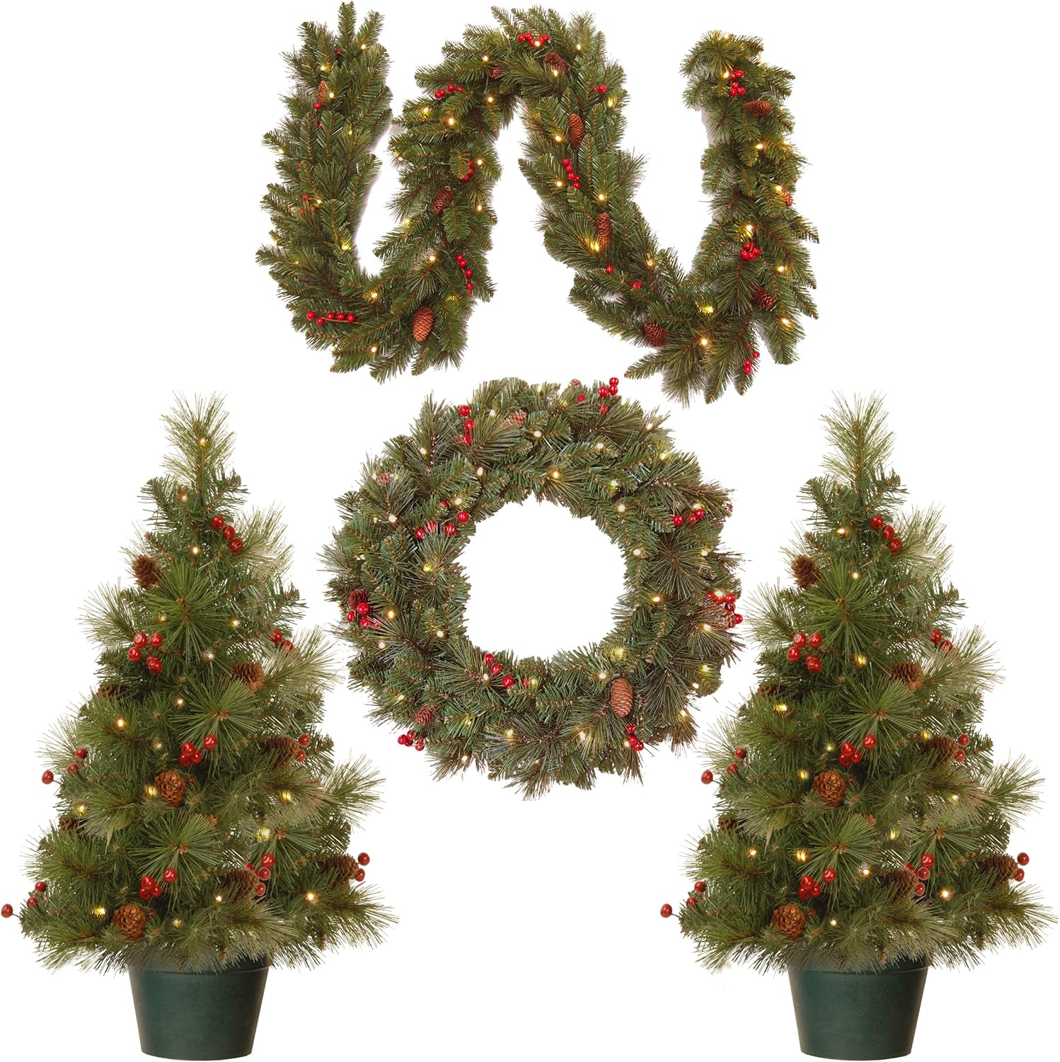 4-Pc Pre-Lit LED Christmas Decor Set: Trees, Wreath, Garland