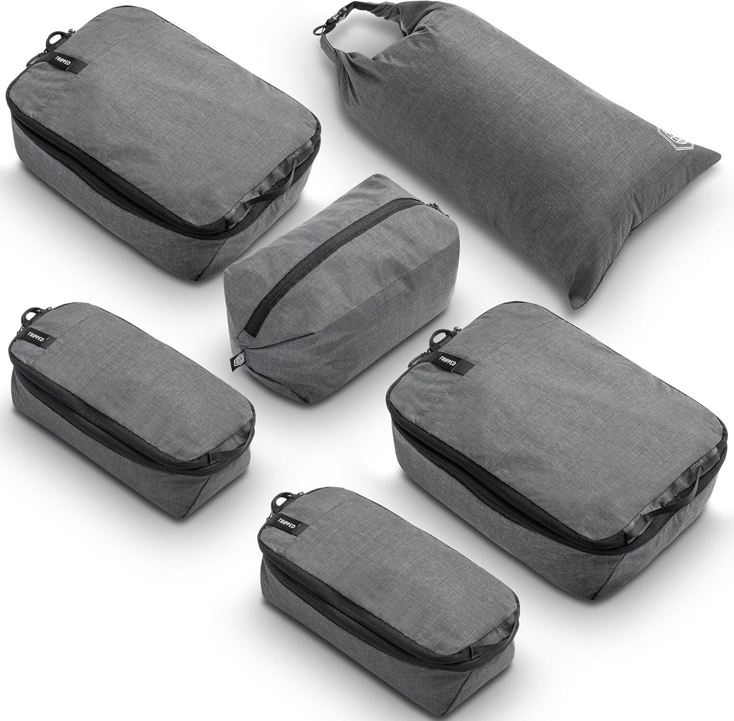 Compression Packing Cubes for Travel by TRIPPED – 6-Piece Premium Set with Laundry & Shoe Bag, Space Saving Travel Organizer Bags for Suitcase & Carry-On Luggage (Grey)